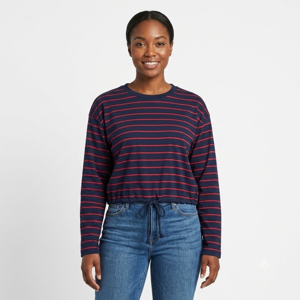 Madewell Top Womens Small Striped Drawstring Hem Long Sleeve Tee Navy Red NZ385 - Picture 1 of 8